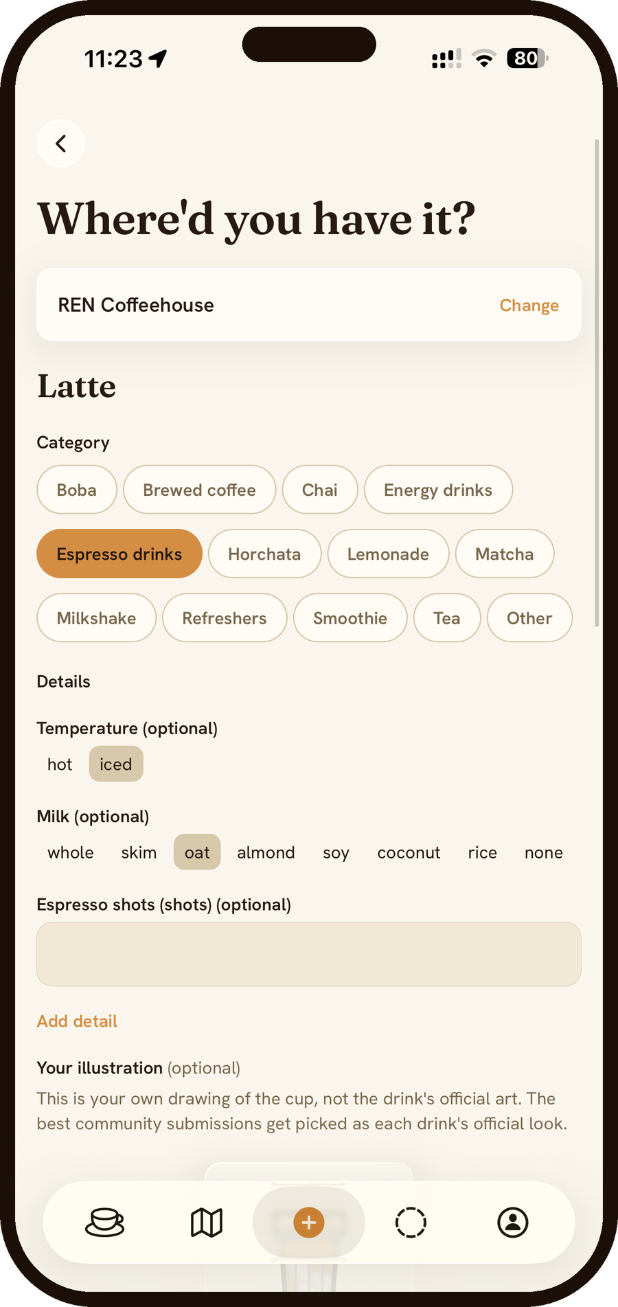 Sorvo add a drink screen with category and attribute pickers