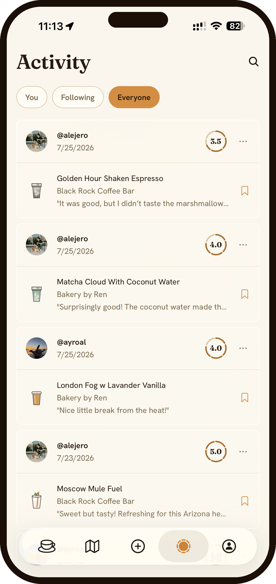 Sorvo activity feed showing ratings from people you follow and everyone