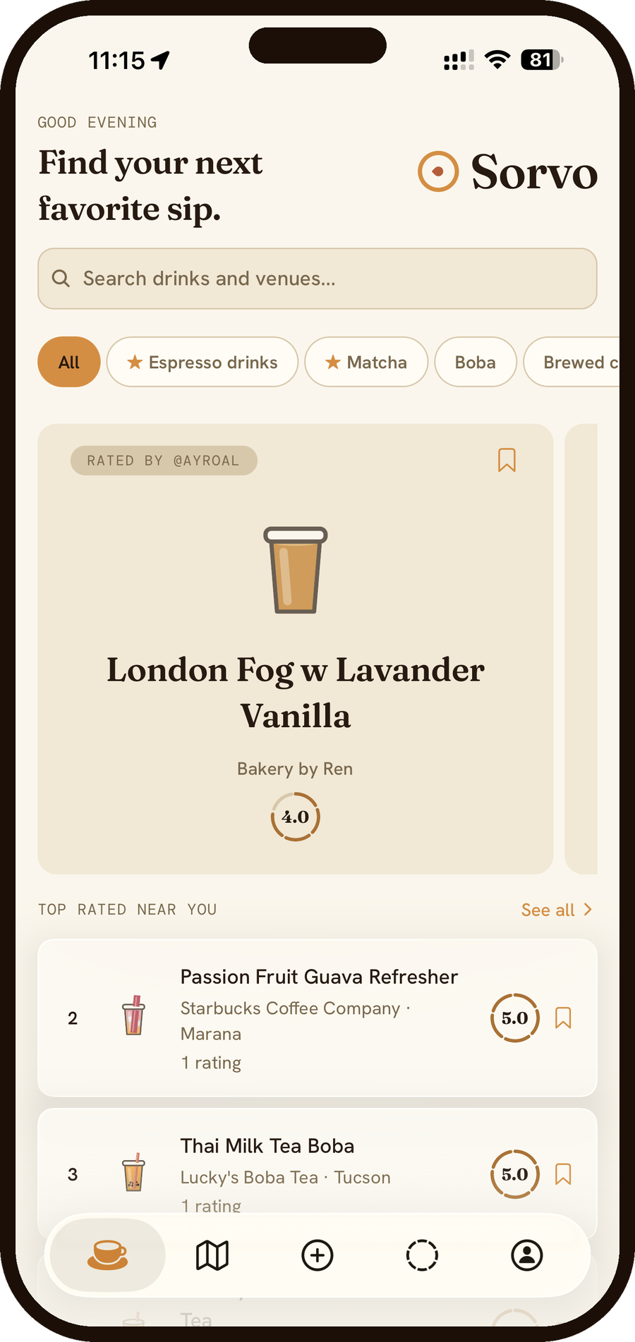 Sorvo Discover screen with starred categories and a top rated drink card