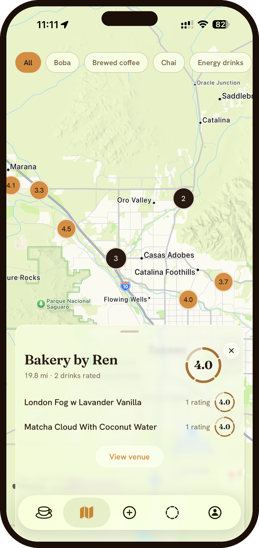 Sorvo map screen with rated venue pins and a venue preview
