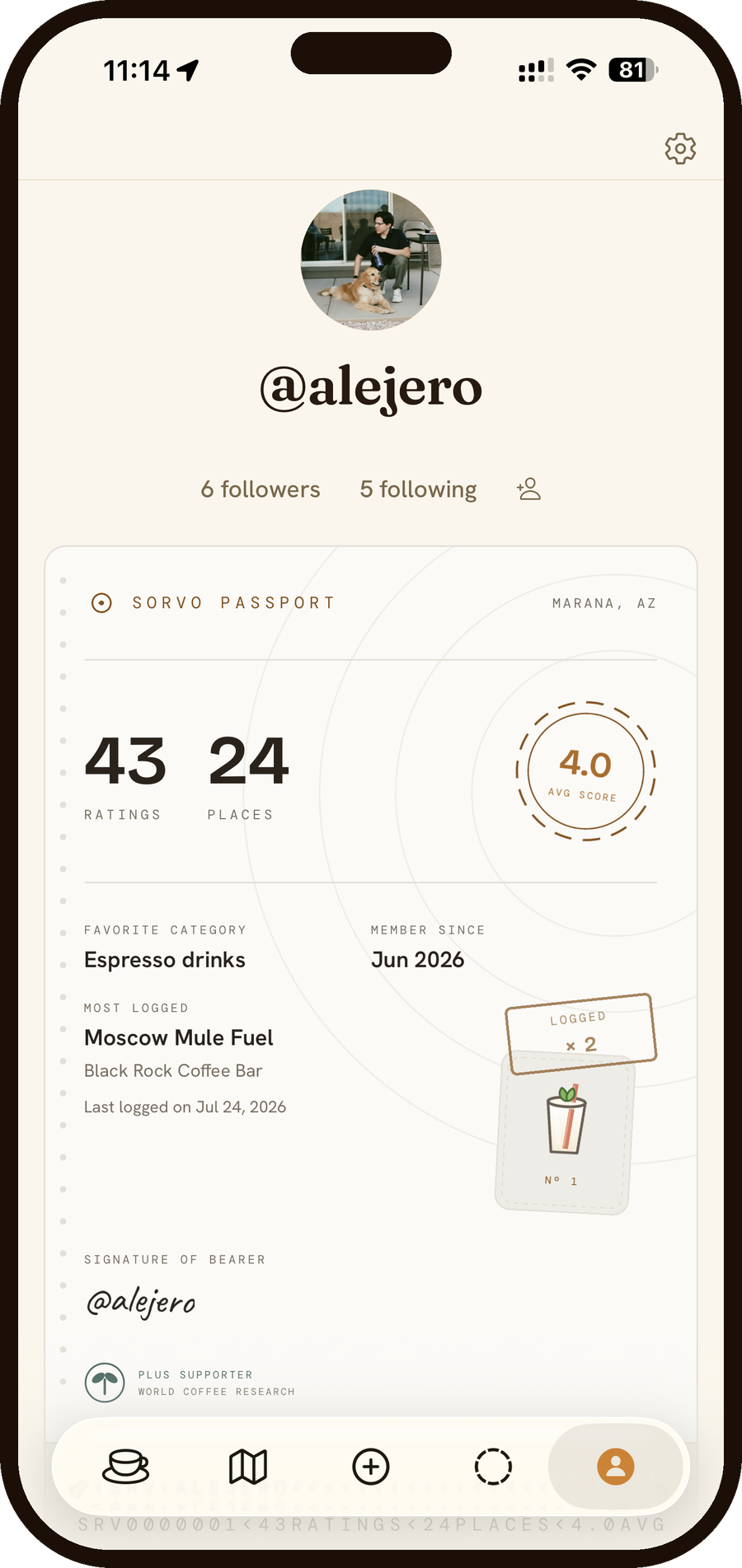 Sorvo profile screen with the Sorvo Passport stat card