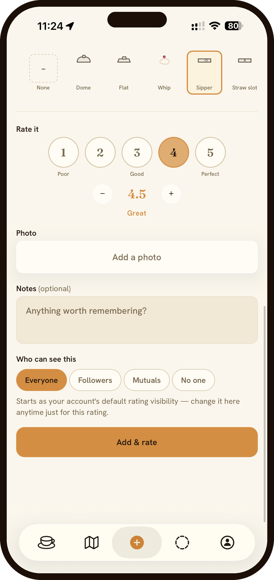 Sorvo rating screen with a 1 to 5 scale, notes, and rating visibility controls